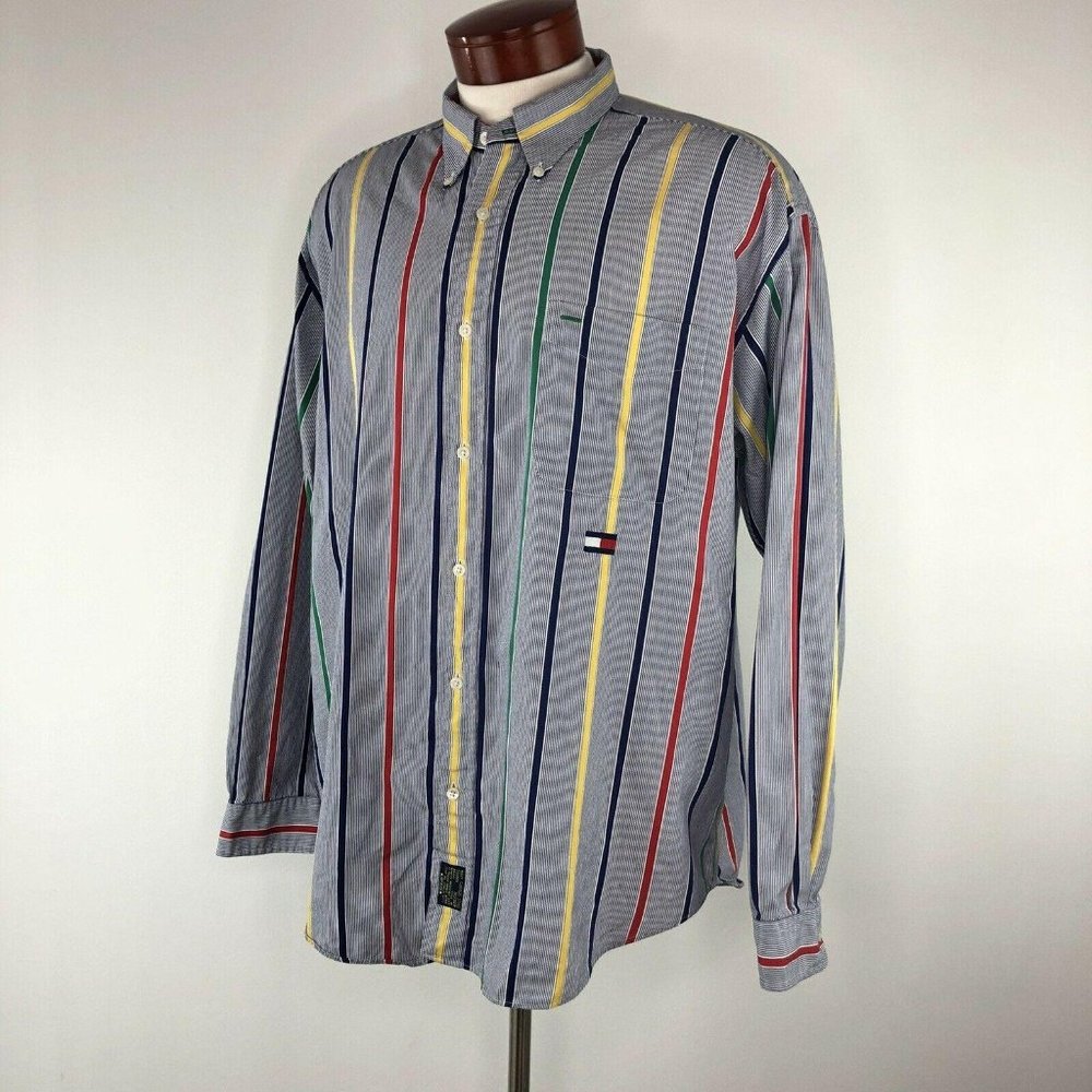 VTG Tommy Hilfiger Blue Red Yellow Vertical Stripe